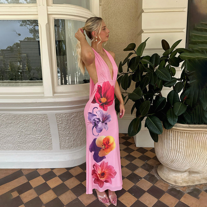 Damen Maxikleid mit tiefem V-Ausschnitt und floralen Akzenten R&B