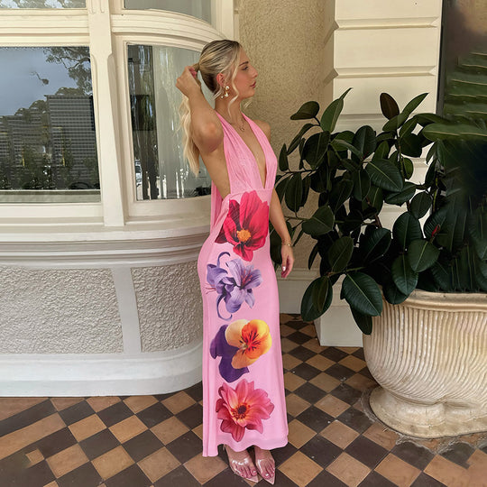 Damen Maxikleid mit tiefem V-Ausschnitt und floralen Akzenten R&B