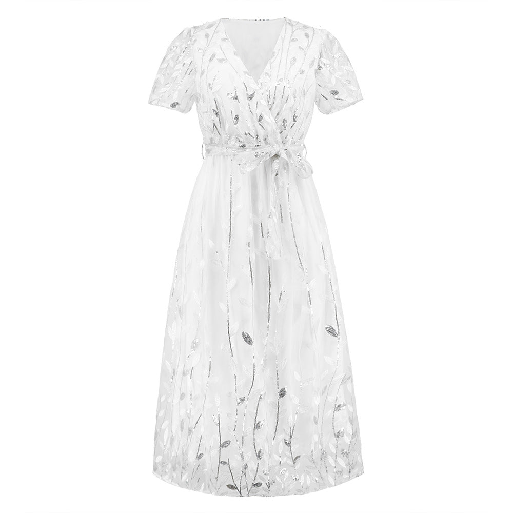 R&B | Kurzärmliges Kreuz V-Ausschnitt Gürtel Midi Kleid