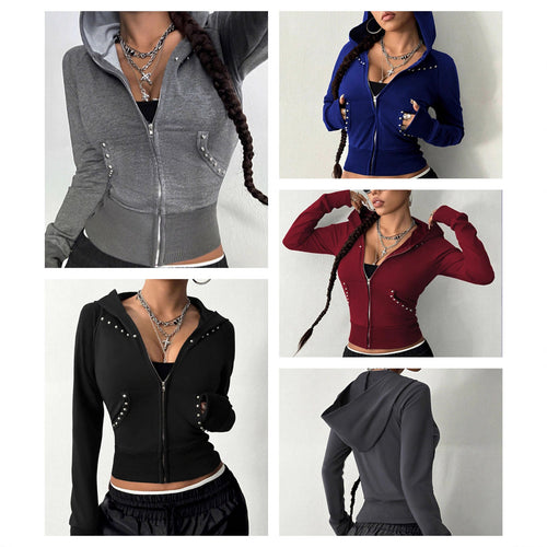 Damen modische Zip-Hoodie mit Silberschmuck-Details R&B