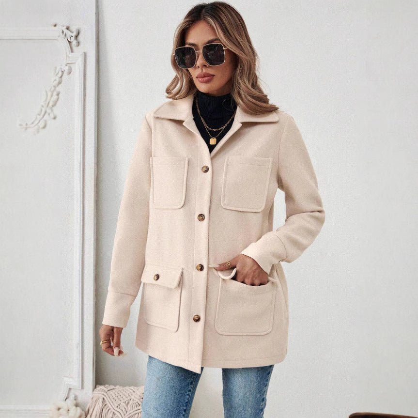 Damen Modische Utility-Jacke mit großen Taschen und goldenem Druck R&B