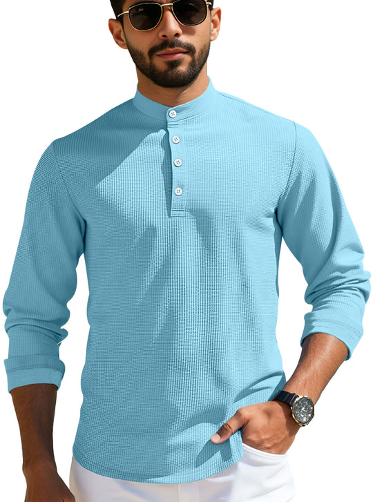 Herren nan strukturiertes Langarm-Henley mit Nehru-Kragen und Ton-in-Ton-Knopfleiste R&B