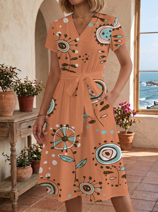 Damen Midikleid mit farbenfrohem Blumendesign und taillierbarem Bindegürtel R&B