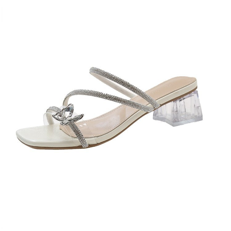 Damen glamouröse Sandalen mit funkelndem Riemen und transparentem Blockabsatz R&B
