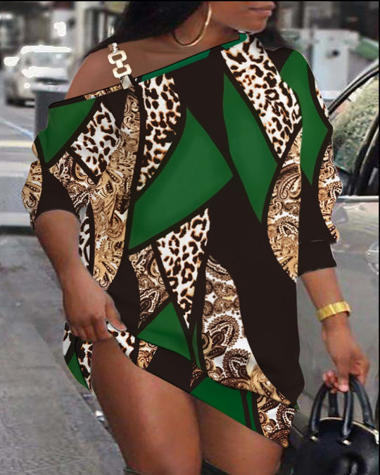Damen asymmetrisches Kleid mit modischem Grafikdesign und einem Schulter-Detail R&B