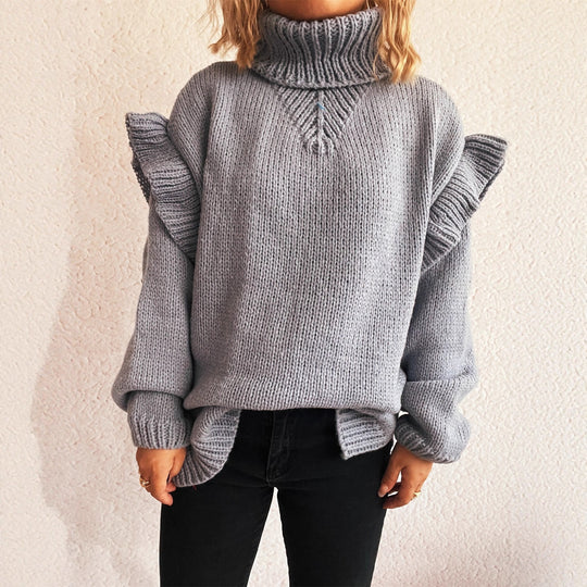Damen kuscheliger Strickpullover mit Rüschenärmeln und hohem Kragen R&B