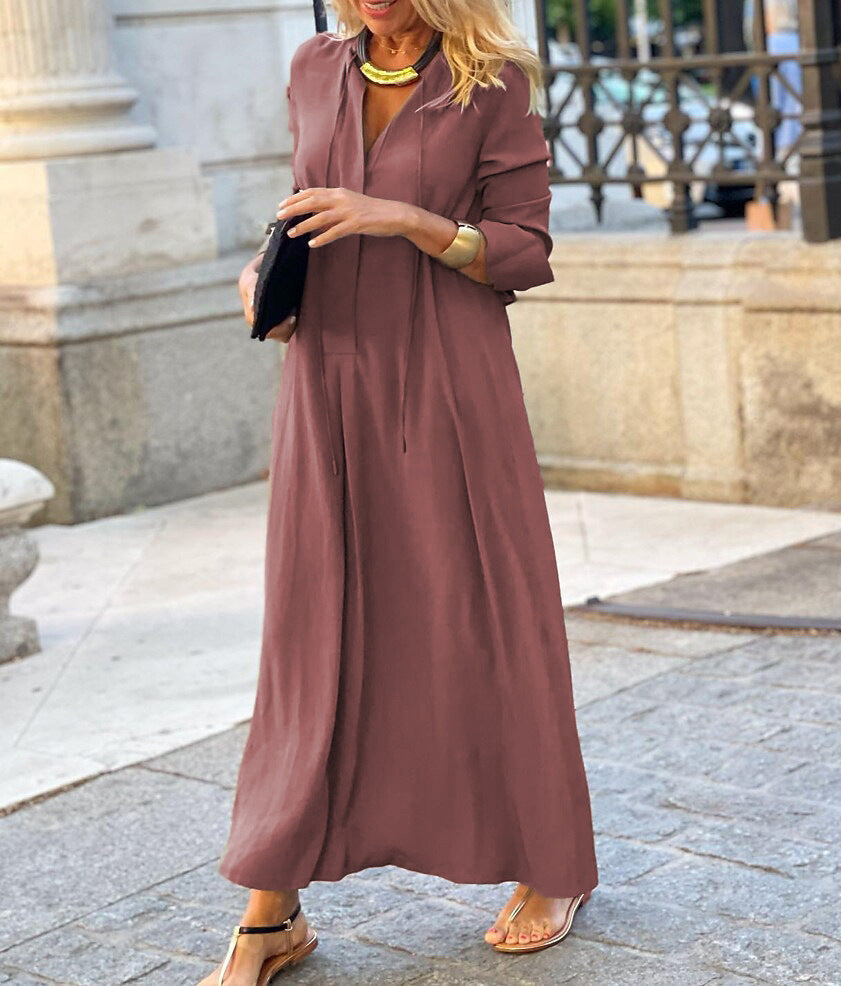 Damen lässiges Maxikleid mit tiefem V-Ausschnitt und eleganten Bindebändern R&B