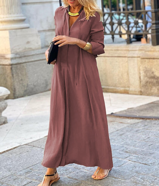 Damen lässiges Maxikleid mit tiefem V-Ausschnitt und eleganten Bindebändern R&B