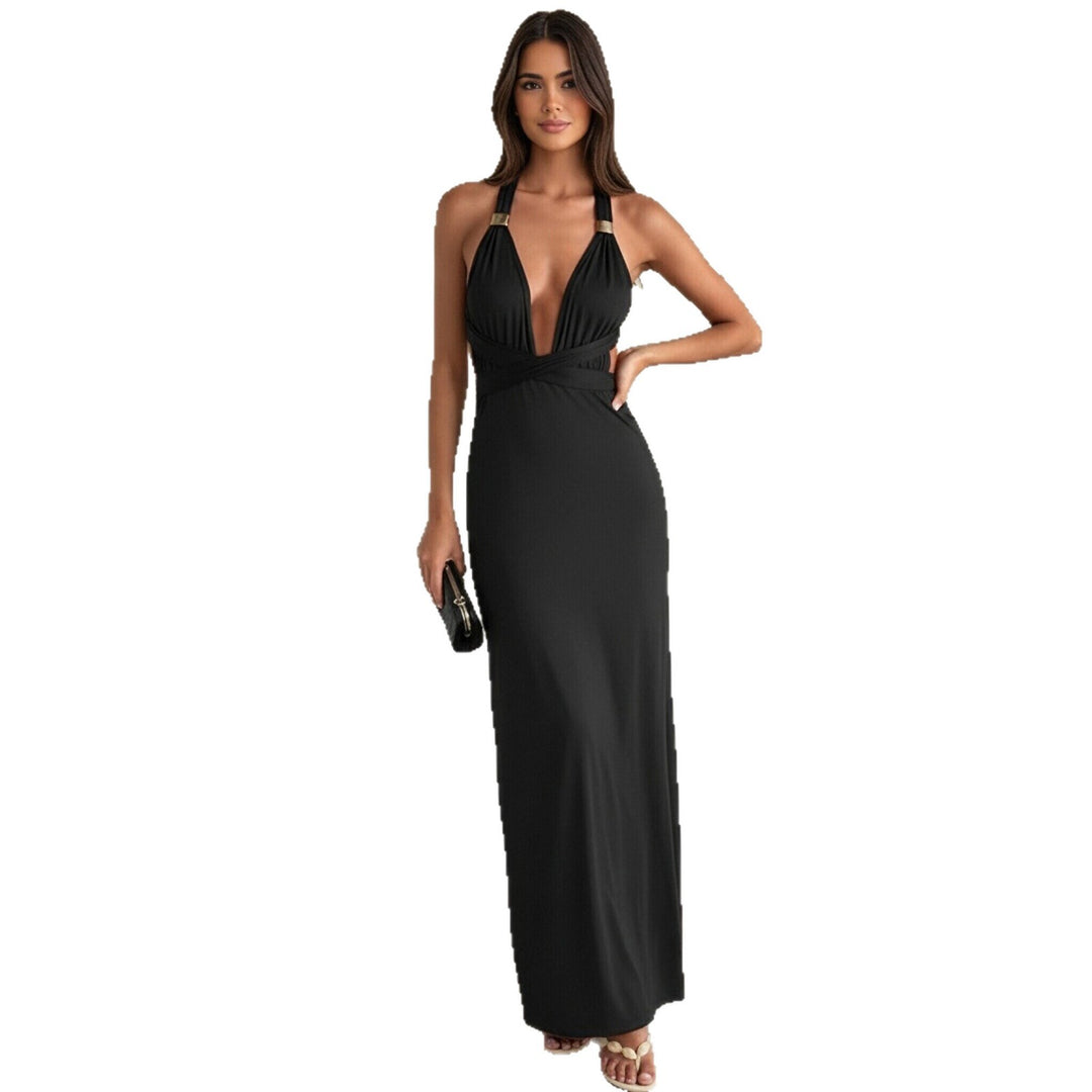 Damen Elegantes Maxikleid mit tiefem V-Ausschnitt und dekorativen Trägern R&B