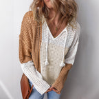 Damen luftiger Strickpullover mit modernem Netzstruktur-Design und dekorativen Kordeln