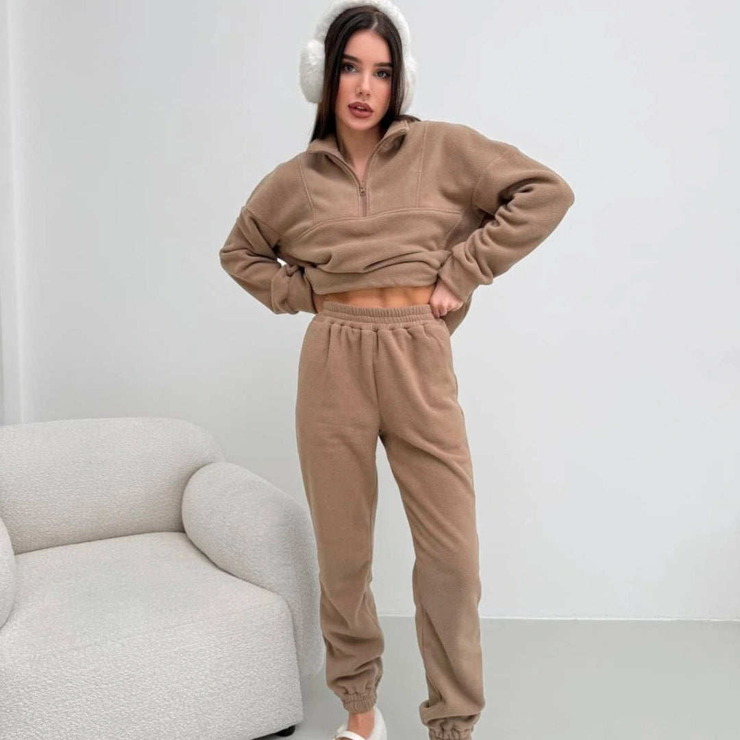 Damen gemütliches Fleece-Hoodie-Set mit hohem Kragen und praktischen Taschen R&B