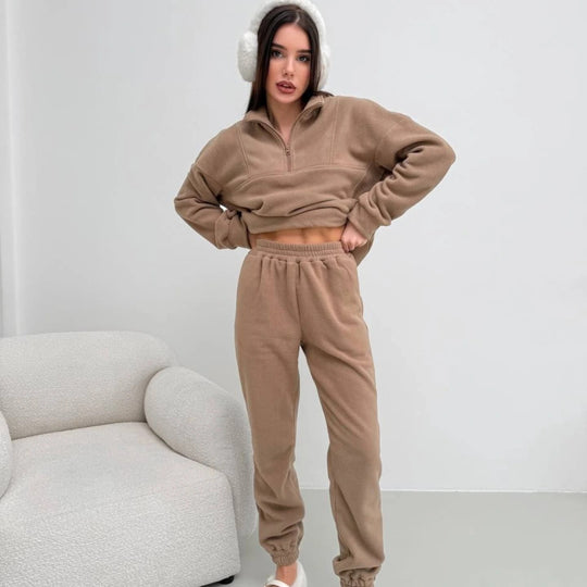 Damen gemütliches Fleece-Hoodie-Set mit hohem Kragen und praktischen Taschen R&B