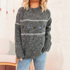 Damen Strickpullover mit buntem Stickdesign und weiten Ärmeln R&B