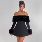 Damen Offshoulder-Kleid mit luxuriöser Futterverzierung und schwingendem Rock R&B