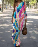 Damen asymmetrisches Maxikleid mit buntem Kunstdruck R&B