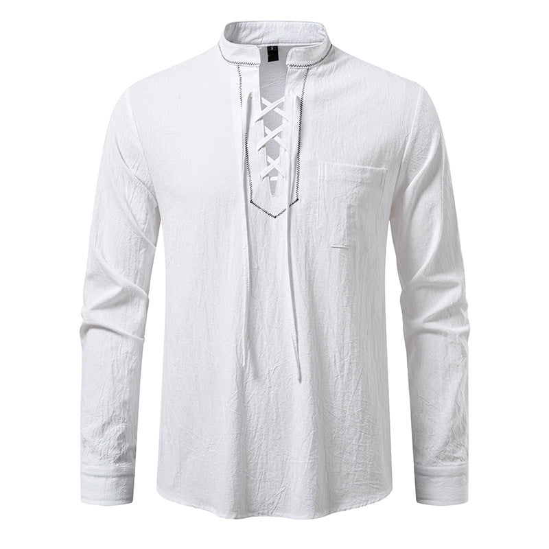 Herren Langarmshirt mit hochwertigem Stehkragen und dekorativer Schnürung R&B
