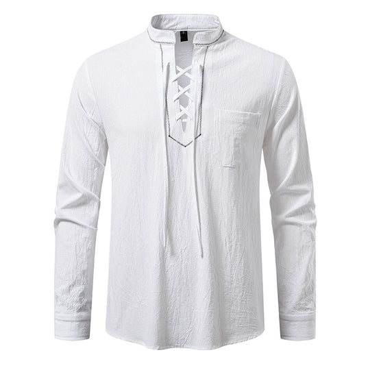 Herren Langarmshirt mit hochwertigem Stehkragen und dekorativer Schnürung R&B