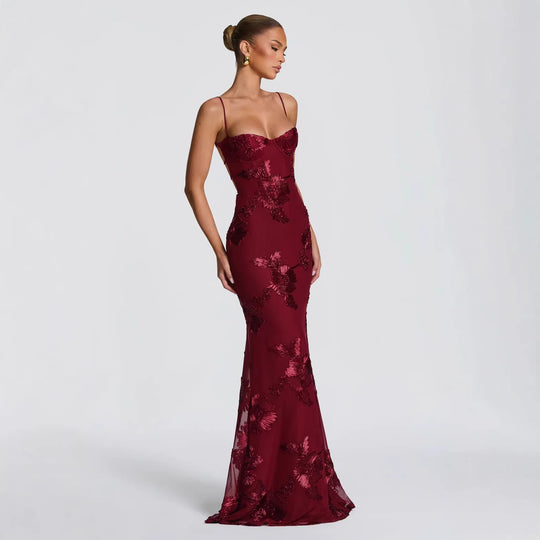 Damen figurbetontes Abendkleid mit floralem Stickdesign und hochwertigem Stoff R&B