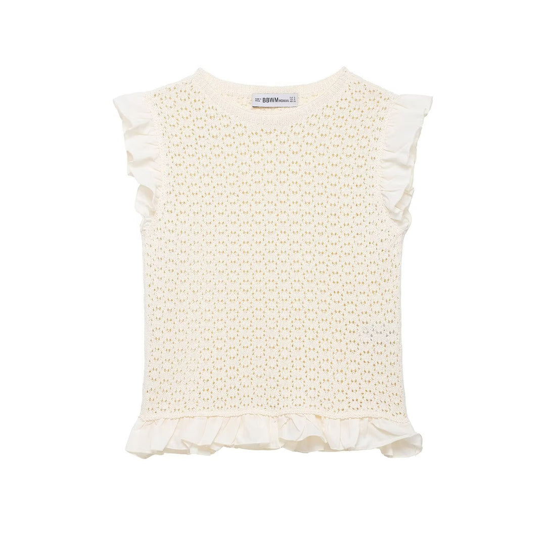 Damen Rüschenshirt mit feiner Lochstickerei und gerafftem Saum R&B