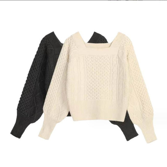 Damen Grobstrickpullover mit modernen Zopfdetails und quadratischem Ausschnitt R&B