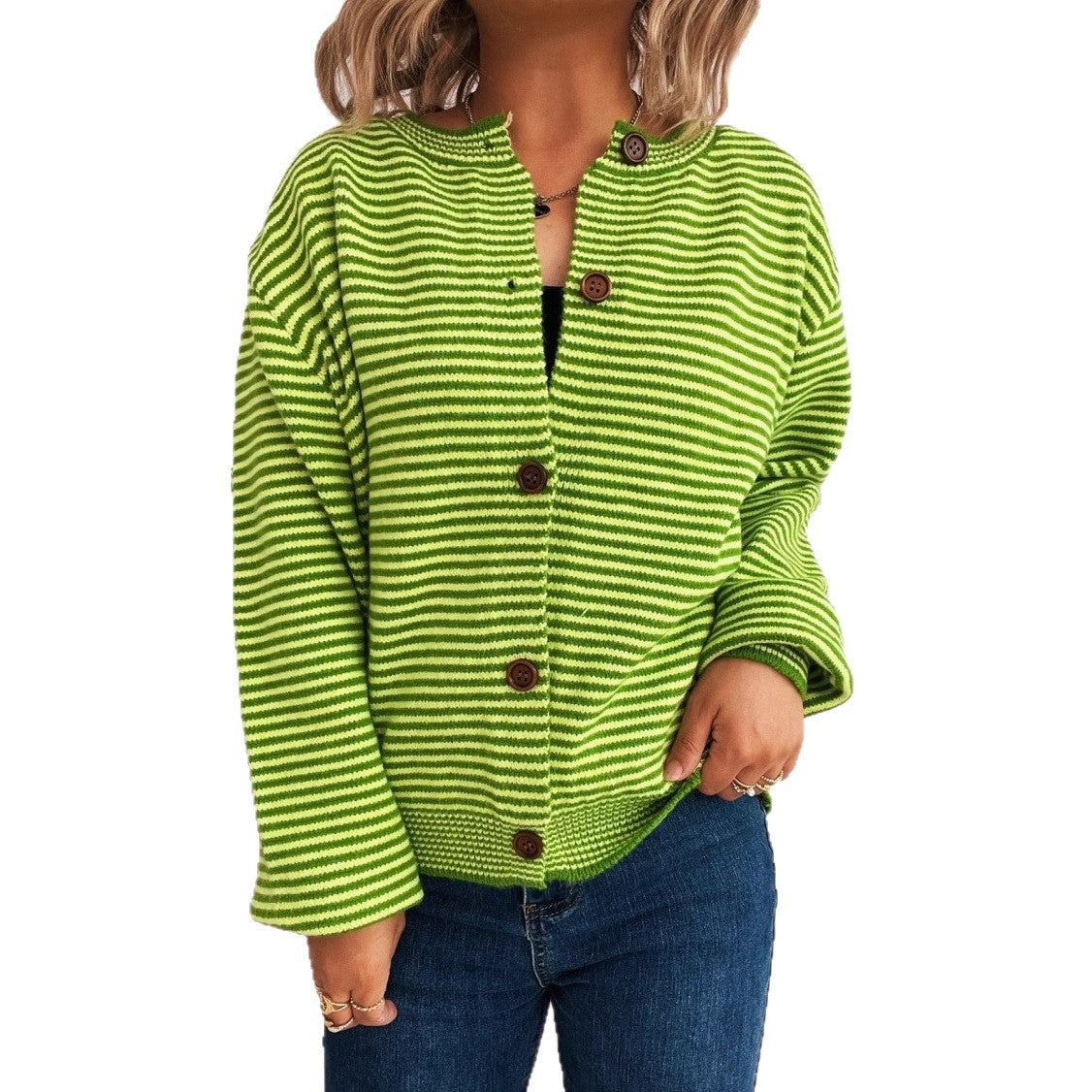 Damen gestreifte Strickjacke mit modernem Kragen und Knopfverschluss R&B