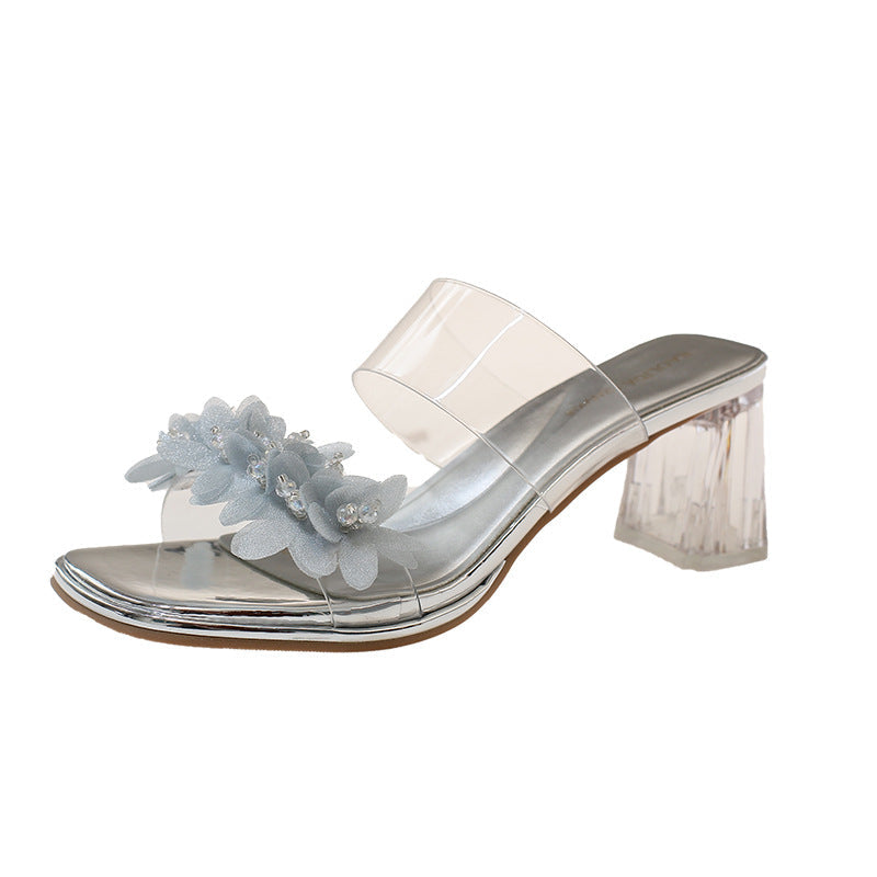 Damen Transparente Mules mit floralem Design und glitzerndem Blockabsatz