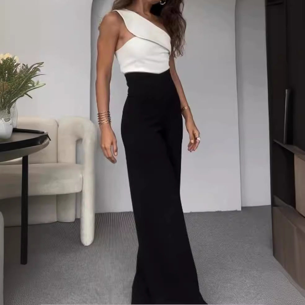 Damen Eleganter Jumpsuit mit asymmetrischem Schnitt und weitem Bein R&B