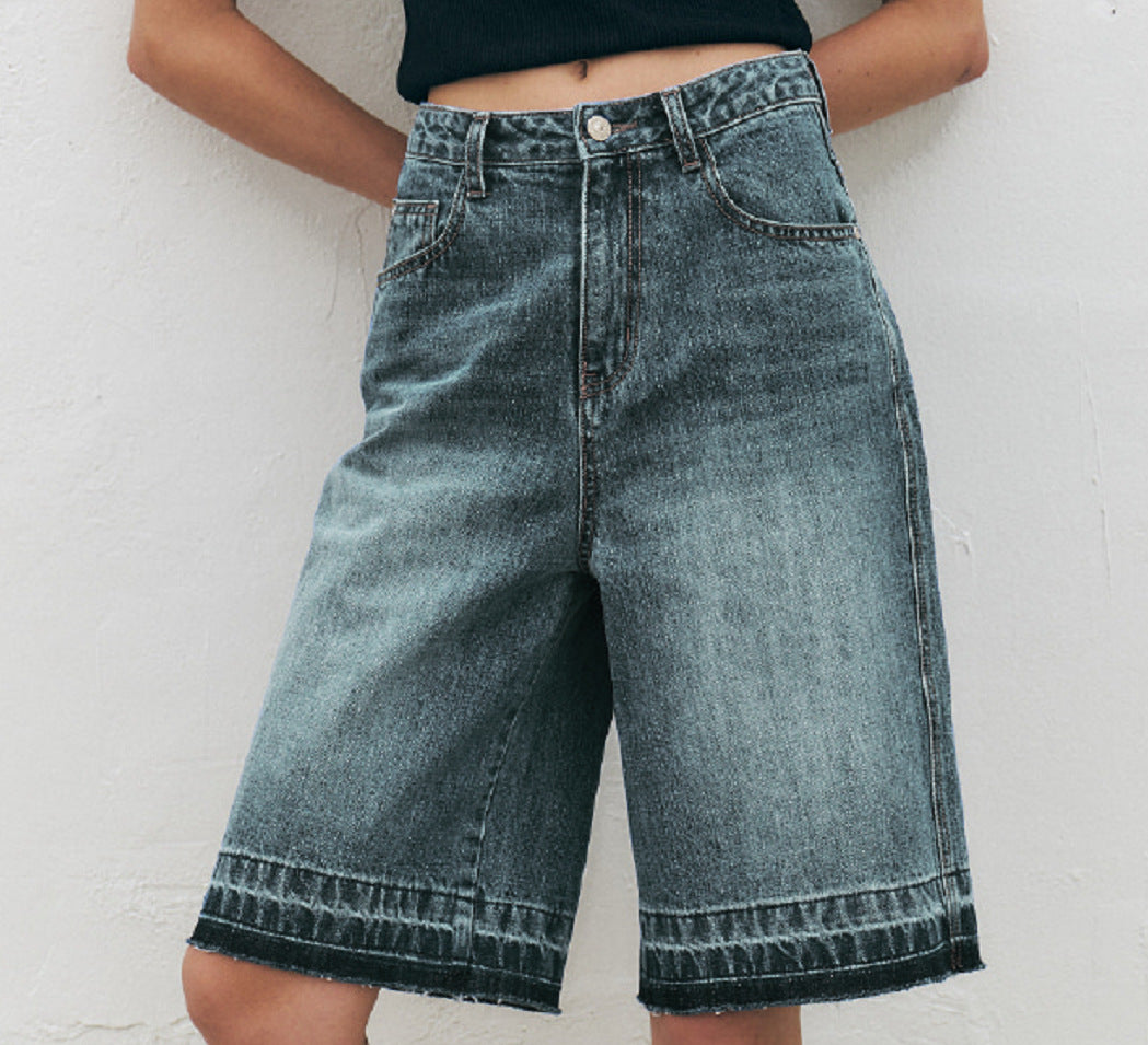 Damen Hoch taillierte Denim-Shorts mit weitem Bein und modischer Struktur R&B