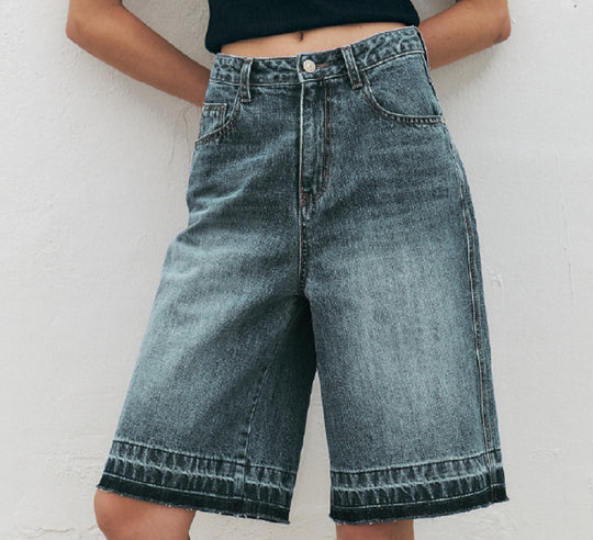 Damen Hoch taillierte Denim-Shorts mit weitem Bein und modischer Struktur R&B
