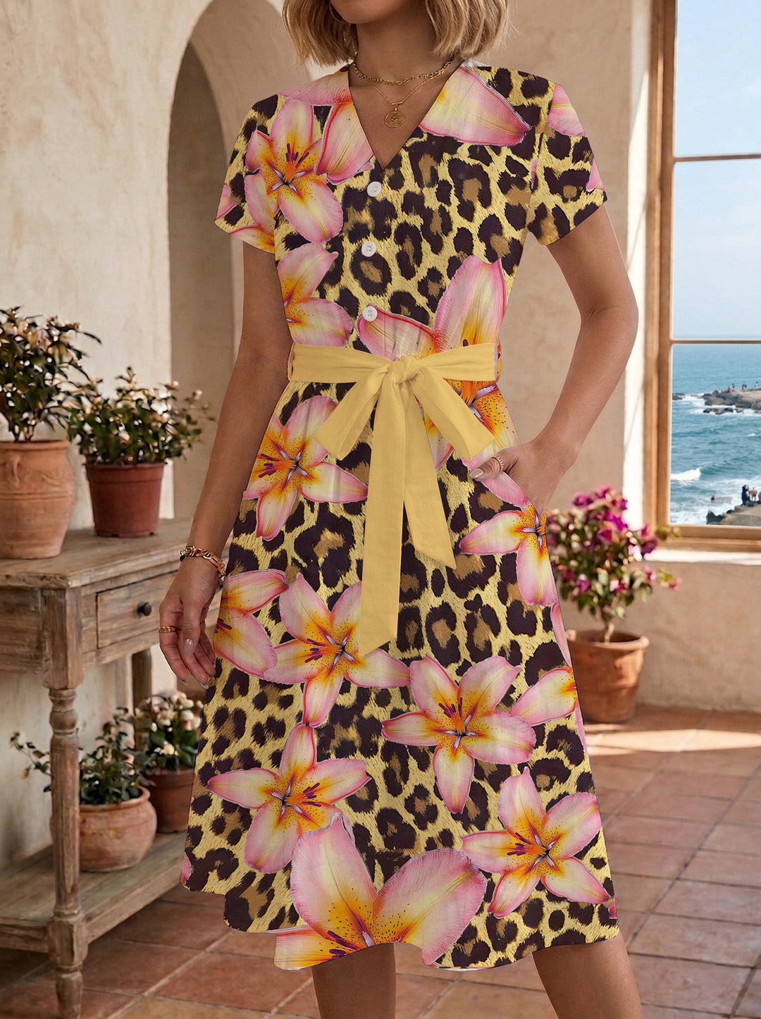 Damen Blühendes Midikleid mit taillierbarem Gürtel und kunstvollem Print R&B