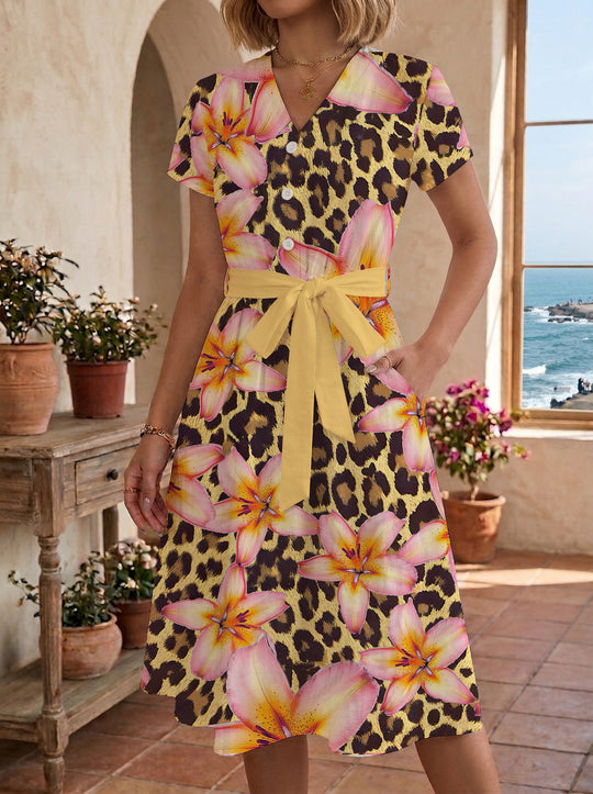 Damen Blühendes Midikleid mit taillierbarem Gürtel und kunstvollem Print R&B