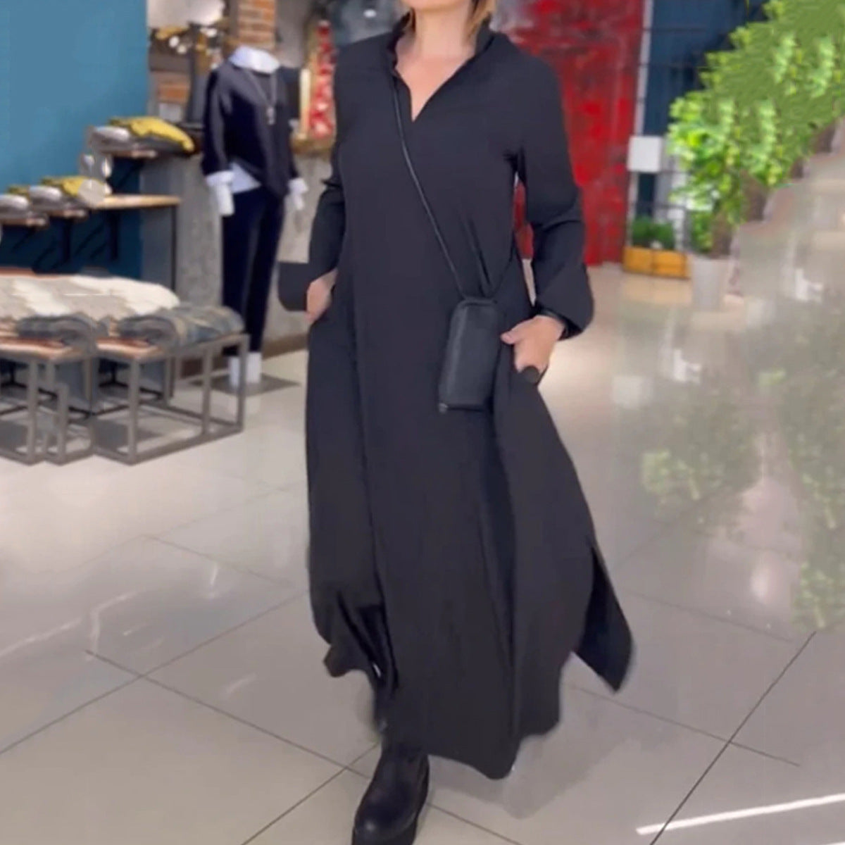 Damen Langarm-Kleid mit praktischen Einschubtaschen und elegantem Stehkragen R&B