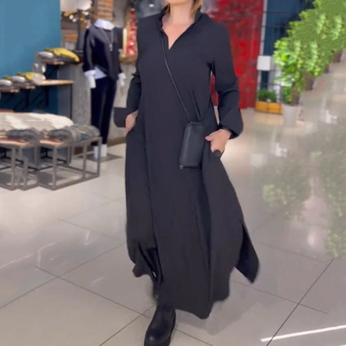 Damen Langarm-Kleid mit praktischen Einschubtaschen und elegantem Stehkragen R&B