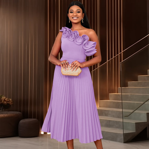 Damen Midi-Kleid mit schulterfreiem Design und voluminösen Rüschen R&B