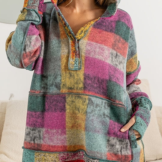 Damen lässiger Block-Check Pullover mit Kapuze und praktischen Taschen R&B