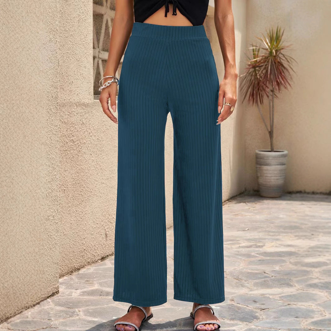 Damen Weite, gestreifte Plisseehose mit hohem Bund und elastischem Taillenbund R&B