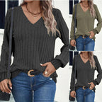 Damen V-Ausschnitt Rippstrickpullover mit langem Arm R&B
