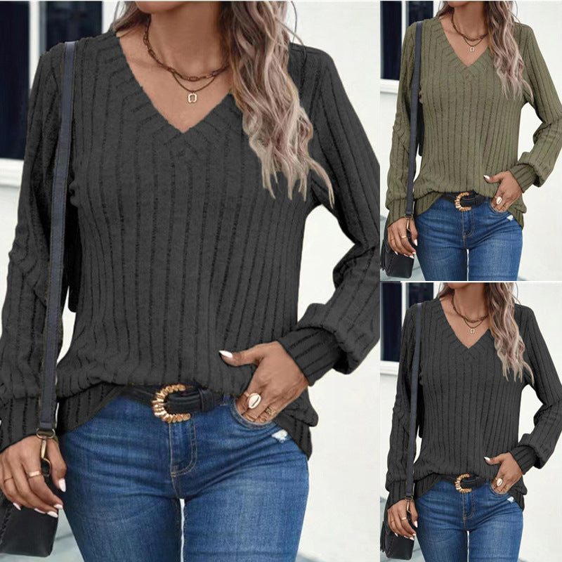 Damen V-Ausschnitt Rippstrickpullover mit langem Arm R&B