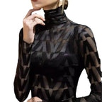 Damen Elegantes Rollkragenoberteil mit geometrischem Muster und transparenten Akzenten R&B