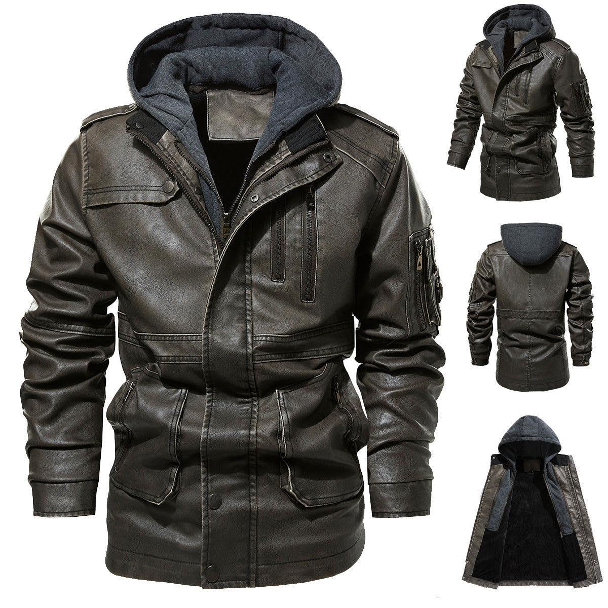Herren Kunstlederjacke mit versteckter Kapuze R&B
