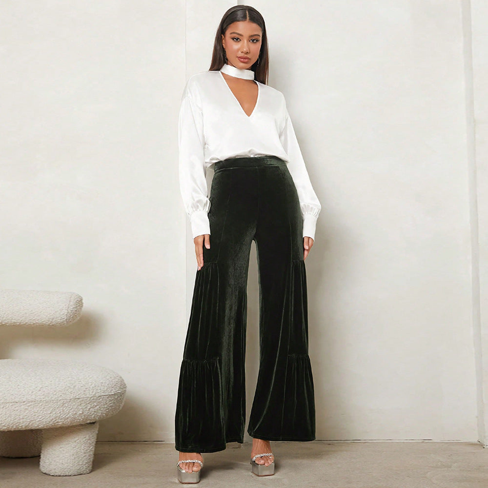 Damen Elegante Samt-Hosen mit Weitem Bein und Hohem Bund R&B