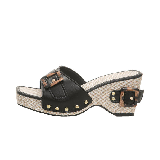 Damen Wedge-Pantoletten mit modischer Schnallenapplikation und rutschfester Sohle R&B