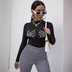 Damen nan figurbetontes transparentes Netz-Langarmshirt mit hohem Kragen und Strass-Skelettmotiv R&B