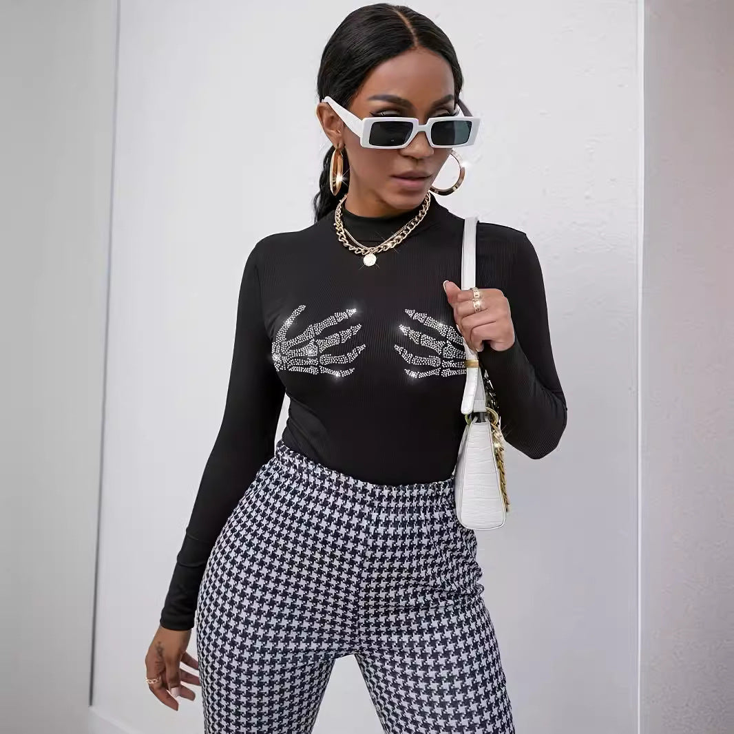 Damen nan figurbetontes transparentes Netz-Langarmshirt mit hohem Kragen und Strass-Skelettmotiv R&B
