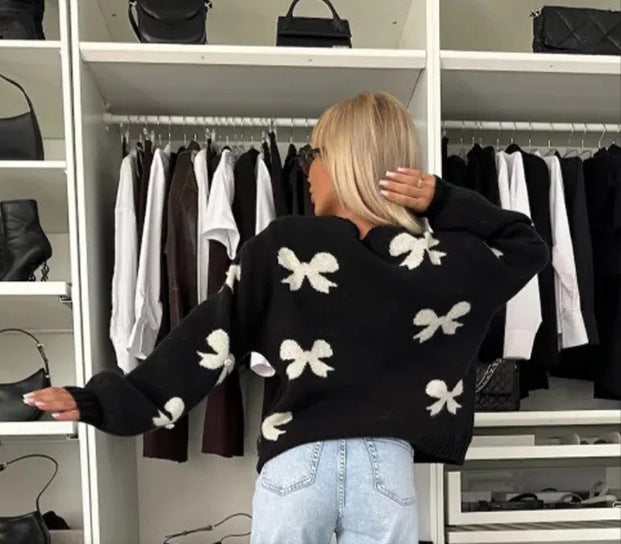 Damen Strickjacke mit dekorativen Schleifen und glänzenden Akzenten R&B