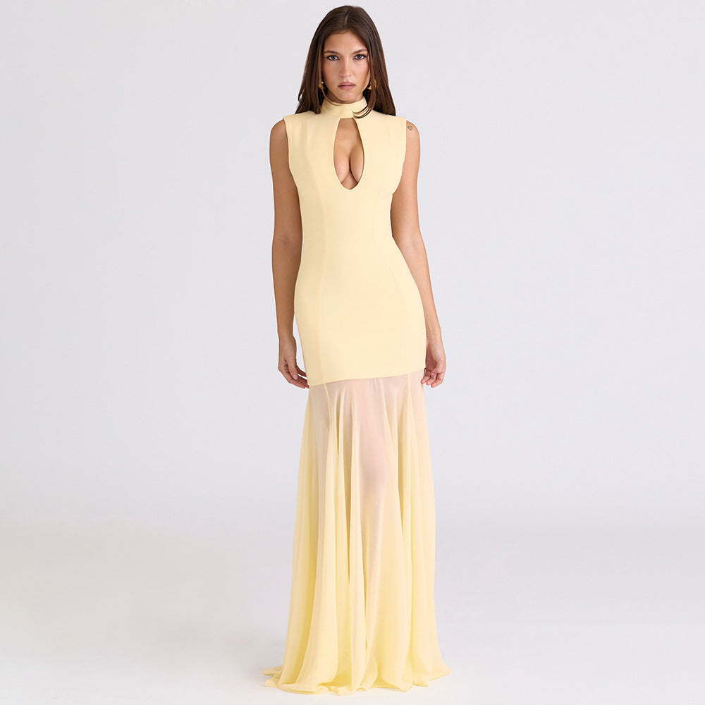 Damen Elegantes Maxikleid mit tiefem V-Ausschnitt und transparenter Tüllschicht R&B