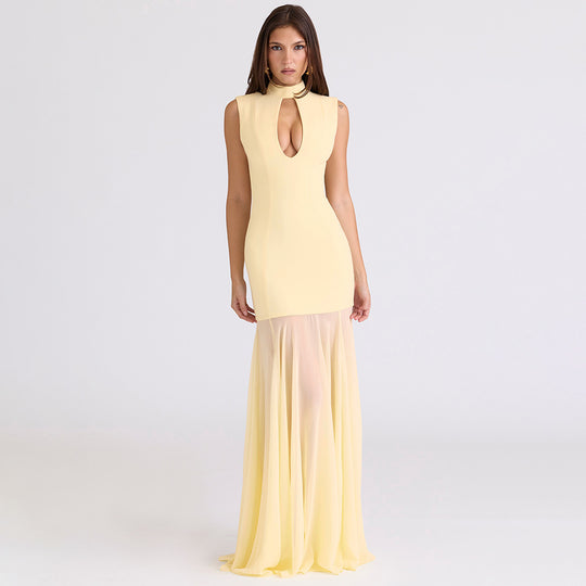 Damen Elegantes Maxikleid mit tiefem V-Ausschnitt und transparenter Tüllschicht R&B