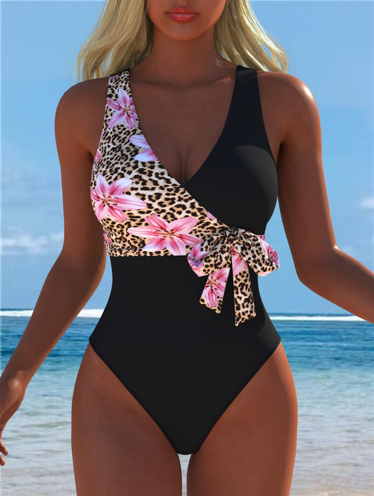 Damen Einteiliger Badeanzug mit floralem Wickeldesign und trendigem Leopardenmuster R&B