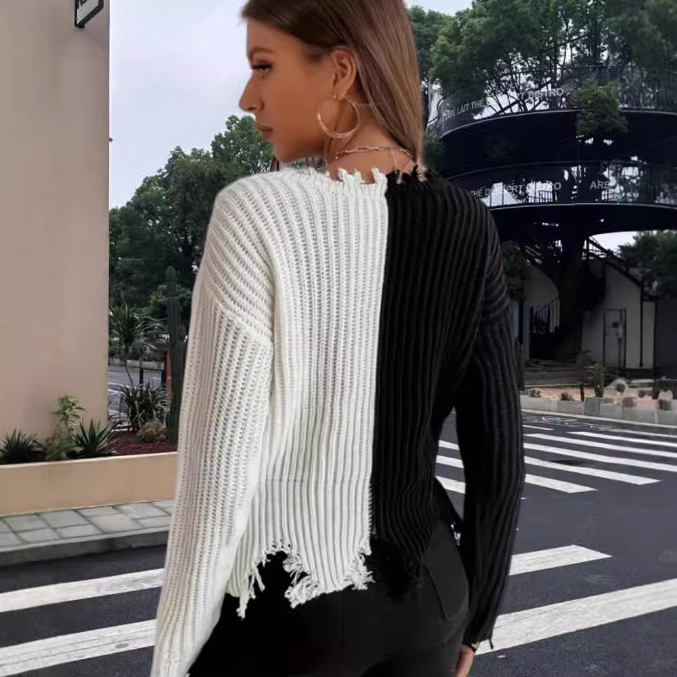Damen Lässiger Strickpullover mit asymmetrischem Design und Fransen R&B