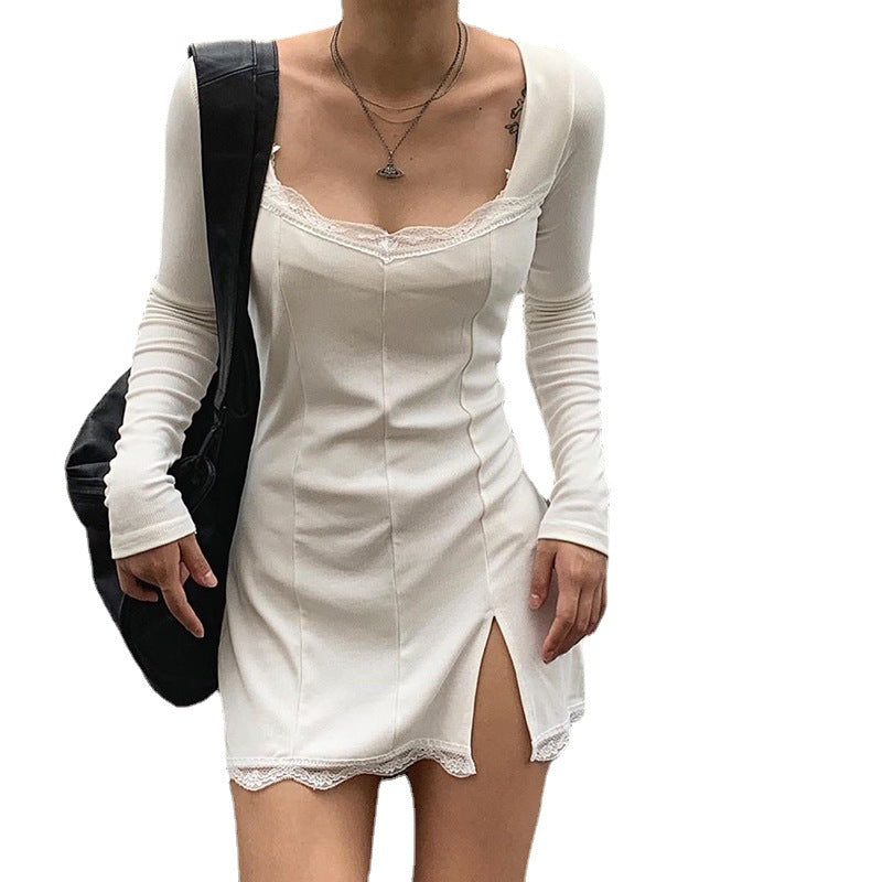 Damen figurbetontes Langarmkleid mit Spitzenakzenten und sexy Schlitz R&B